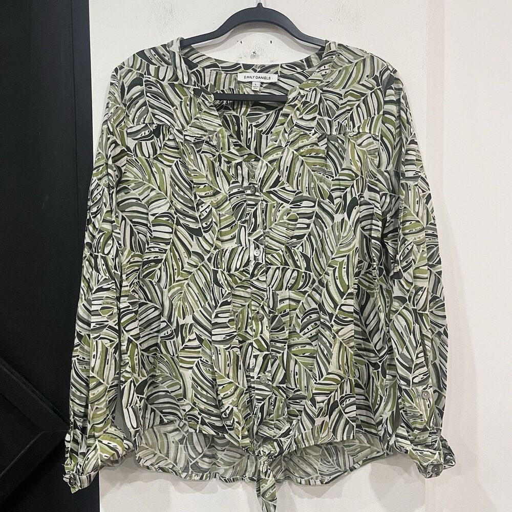 Emily Daniels Tropical Leaf Button Up Tie Front Blouse Shirt Size Large Summer